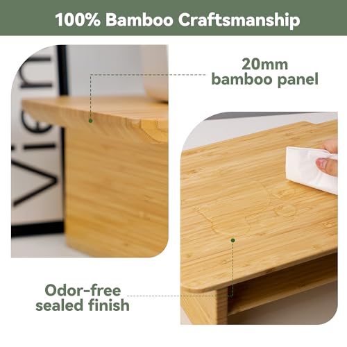 Bamboo Dual Monitor Stand, Natural Desk Shelf with Storage