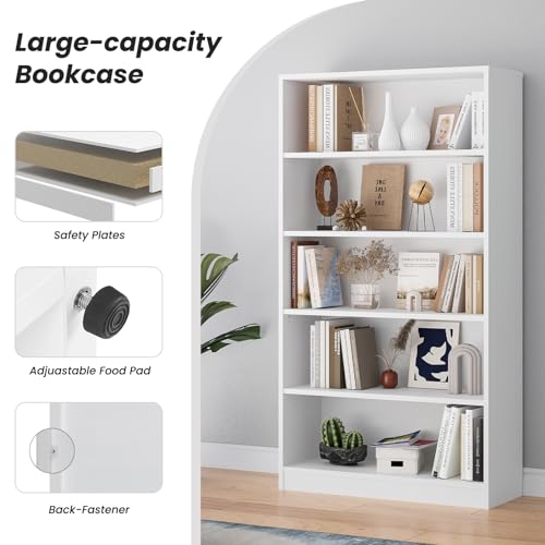 Farini 60 Inch Tall Bookcase,5 Shelf Bookshelves,Adjustable Bookshelf for Home Office,White - color: White, size: 5 shelf