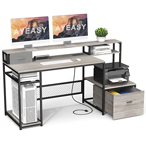 Home Office Desks with Drawers, 66'' Computer Desk with Storage, Office Desk with Monitor Stand, Work Desk with Outlets and USB, Gaming Table Desk with File Cabinet for Home Office Table, Grey - color: Grey, size: Rectangular