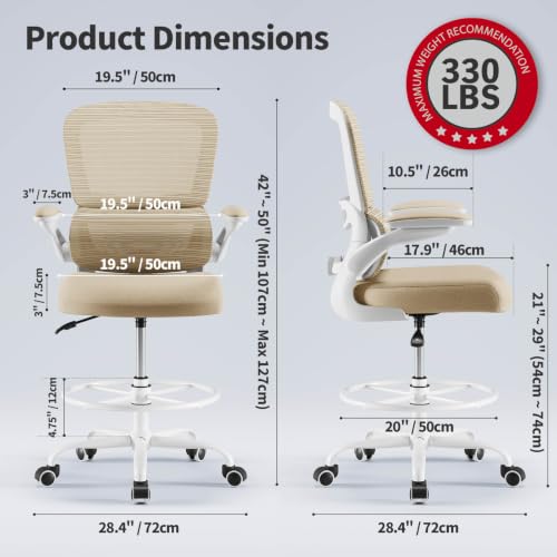 TRALT Drafting Chair - Tall Office Chair with Lumbar Support for High Desk - color: Beige