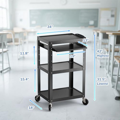 POCHAR Steel AV Cart on Wheels - Rolling Projector Cart with Height Adjustable Shelf, Pullout Keyboard Tray, Power Strip, Cord Management - Mobile Media Carts Computer Workstation for Office Classroom - style: 3 Shelf with Keyboard Tray (AV-J)