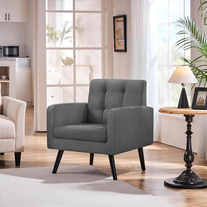 Yaheetech Mid Century Accent Chair Living Room Chair Dark Gray | Linen-Like Upholstered Sillones Para Sala, Modern Reading Nook Chair, Button Tufted Back, Rubberwood Legs, Bedroom Office - color: Dark Gray, size: set of 1