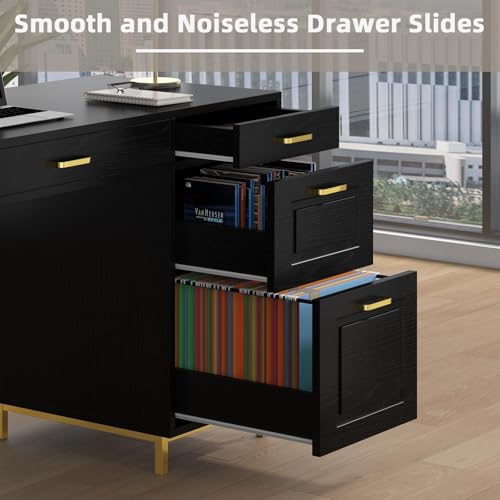 MaverickFurni Black Computer Desk with 7 Drawers, 57 Inch Home Office Desk with File Drawers, Wood Modern Desk with Storage for Bedroom, Executive Desk with Golden Legs and Handles, Black and Gold - color: Black