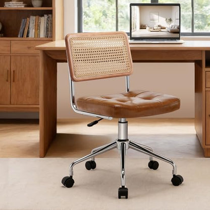 Zesthouse Leather Office Desk Chair with Wheels, Mid Century Rolling Desk Chair with Natural Rattan Back, Modern Swivel Home Office Chair, Small Height Adjustable Computer Task Chair, Brown - color: Brown, size: Armless