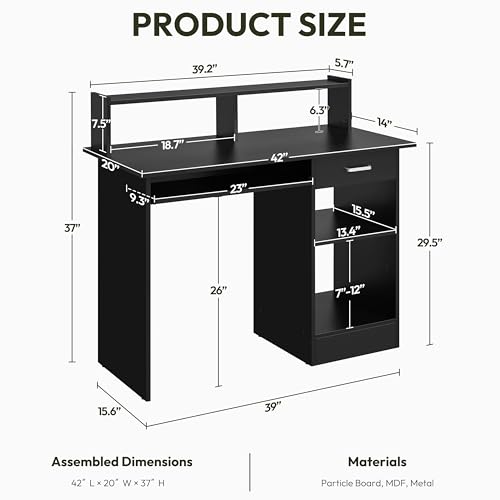 Yaheetech Computer Desk with Keyboard Tray, Drawers, and Shelves, Black | This Desk Has a Pull-Out Keyboard Tray, a Drawer, and an Adjustable Open Shelf for Books, Files, and Home Office Supplies. - color: Black