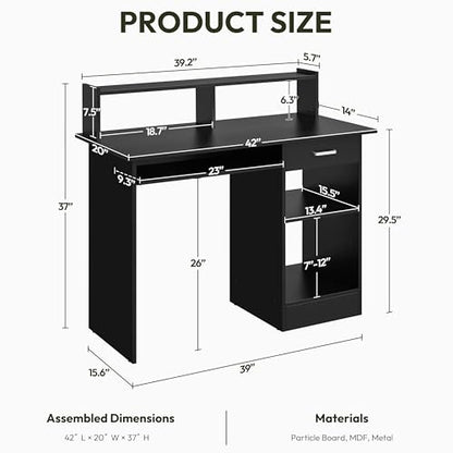 Yaheetech Computer Desk with Keyboard Tray, Drawers, and Shelves, Black | This Desk Has a Pull-Out Keyboard Tray, a Drawer, and an Adjustable Open Shelf for Books, Files, and Home Office Supplies. - color: Black