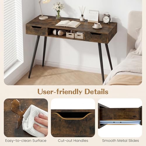 GIANTEX Mid Century Modern Computer Desk with Drawers, 42.5" Writing Desk with Open Storage Cubby, Vanity Table with Metal Leg, Compact Wooden Study Table for Small Spaces Home Office (Rustic Brown) - color: Rustic Brown