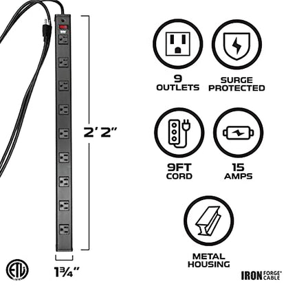 Iron Forge Cable 9 Outlet Surge Protector Power Strip, 9 Ft - Black - style: 9 Outlet