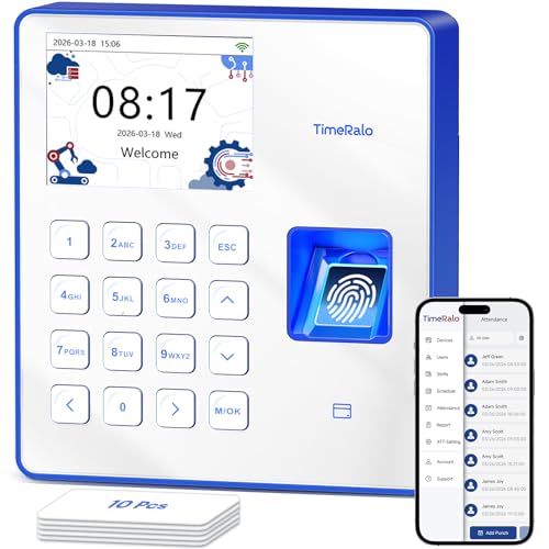 Cloud Time Clock for Small Business, Remote Access, Auto Report | 3-in-1 Fingerprint Time Clock with Smart Scheduling, Overtime & Lunch Rules, 10 Cards, 2.4GHz WiFi, No Monthly Fee - color: Blue-white