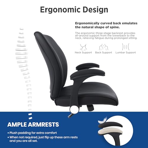 Ergonomic Adjustable Drafting Chair Extra Tall Office Stool for Standing Desk, Mid Back Faux Leather Counter Height Comfortable Bar High Roll Tilt Computer Chair with Flip Up Arms and Foot Ring, Black