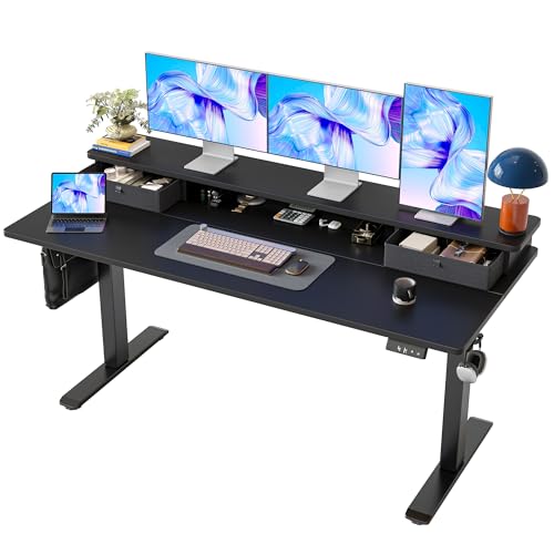 TIQLAB Standing Desk with Two Drawers, Stand Up Standing Desk Adjustable Height, Electric Sit Stand Table with Storage Shelf and Splice Board, 63 * 24 inch, Black - color: Black, size: 63*24 inch without keyboard tray