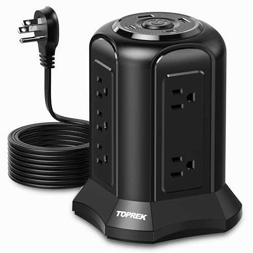 Tower Power Strip Surge Protector 2100J – 10 Outlets, 2 USB-C (20W PD), 2 USB-A, 6.5FT Flat Plug Extension Cord for Home Office, Dorm, Desktop - color: Black