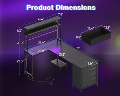 AODK L Shaped Desk Gaming Desk with LED Light & Power Outlet | 59 Inch Black Reversible L Shaped Computer Table with 4 Drawers for Home Office - color: Black, size: 59 Inch