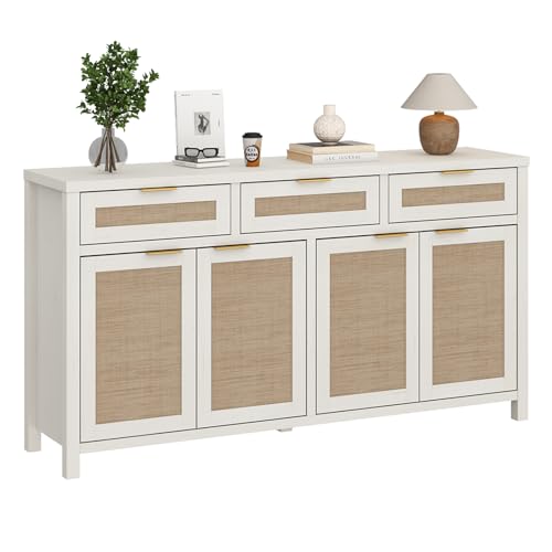 HOKYHOKY 63" Rattan Sideboard Buffet Cabinet, Boho Storage Cabinet - color: Rustic White, size: 63-Inch