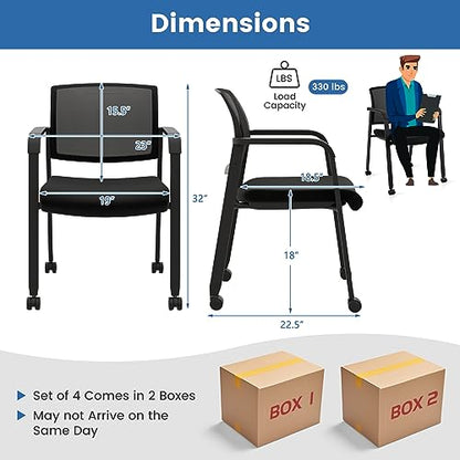 Tangkula Rolling Conference Room Chairs Set of 4, Stackable Office Guest Mesh Chairs with Armrests and Wheels, Ideal for Waiting Room Office, School, Lobby (Black) - color: Black, size: Set of 4