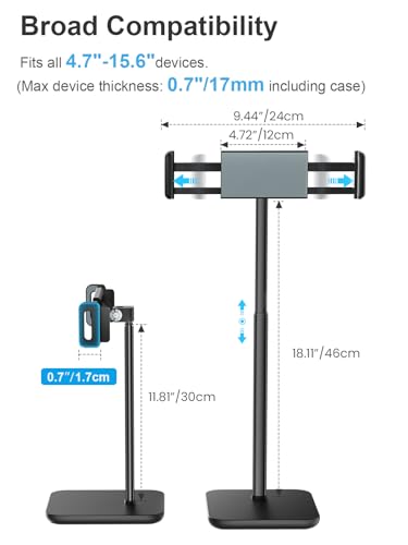 tounee Height Adjustable Tablet Stand, 3.5lb (1.6kg) Max Support, Up to 18" Tall, Slim Portable Monitors Stand Compatible with iPad Pro 12.9, Surface Pro, All 4.7"-15.6" Devices - Black - color: Black