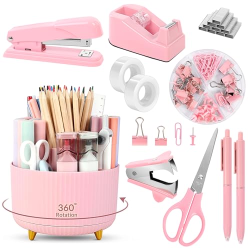 SKYDUE Pink Desk Accessories 11Pcs with Rotating Pen Holder for Desk | Included Stapler with Staples, Staple Remover, Tape Dispenser,2pcs Tape Refills, Binder Paper Clips Kit, Scissor, 2pcs Pens - color: Pink