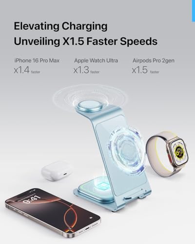 Intoval Aluminum 3 in 1 Wireless Charging Station for iPhone 17 16 15 14 13 12 11 Pro Max XR, Wireless Charger for Apple Watch 11 10 9 8 7 Ultra SE 3 2, Phone Charger for AirPods 4 Pro 2 3 (Blue) - color: Blue
