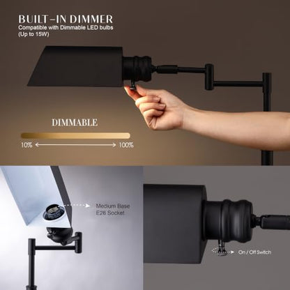 O’Bright Arcadia - Pharmacy Floor Lamp, Full Range Dimming, Swing Arm Task Lamp, E26 Socket, Bulb Replaceable, Adjustable Height 47” to 55”, 360° Rotatable Shade, All-Metal Design, Black - color: Black