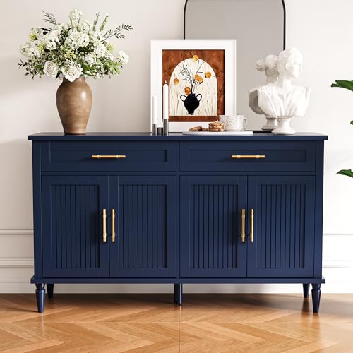 58 Inch Sideboard Buffet Cabinet with Storage, Fluted Buffet Storage Cabinet with 2 Drawers and 4 Doors, Modern Coffee Bar with Adjustable Shelves for Living Room, Kitchen (Blue) - color: Blue