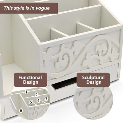 White Wooden Mail Organizer with Drawer, Three Tiered Desk Accessories for Office Organization and Storage, Stylish Countertop Document Storage, Home/Office/Classroom Supplies (White01) - style: White01