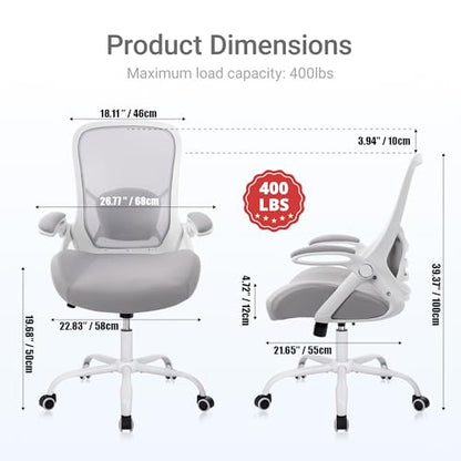 HYLONE 400lbs Heavy Duty Office Chair, Computer Desk Chair Grey | Office and Home, 5" Thickened Seat, Ergonomic with Adjustable Armrests, Mesh Executive Chair - color: White & Grey
