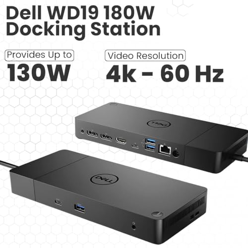 Dell WD19 Docking Station Bundle with USB-C and Dual Monitor Support - Full Package w/Dell WD19 Universal Dock, 180W Power Adapter, Thunderbolt 3 & Ethernet Cable, Cleaning Cloth (Renewed)