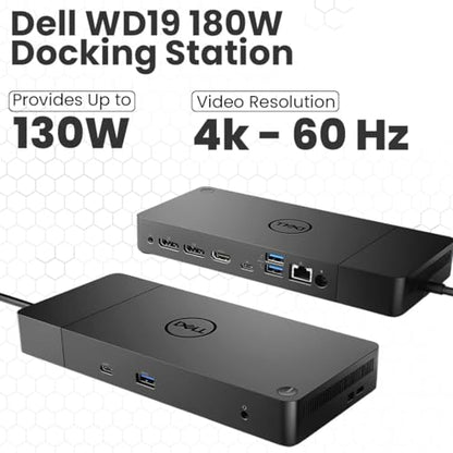 Dell WD19 Docking Station Bundle with USB-C and Dual Monitor Support - Full Package w/Dell WD19 Universal Dock, 180W Power Adapter, Thunderbolt 3 & Ethernet Cable, Cleaning Cloth (Renewed)