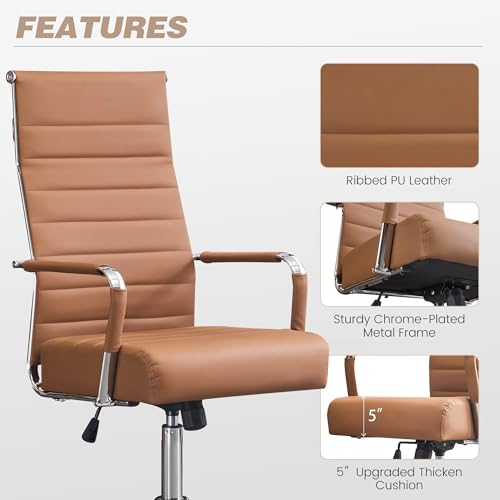 JOMEED Office Desk Chair,Conference Room Chair,High Back PU Leather Swivel | Modern Executive Ribbed Design, Ergonomic, Height Adjustable, Wheels and Arms, for Home Office(Brown-Silver Frame) - color: Brown-sliver Frame