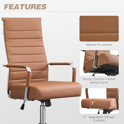 JOMEED Office Desk Chair,Conference Room Chair,High Back PU Leather Swivel | Modern Executive Ribbed Design, Ergonomic, Height Adjustable, Wheels and Arms, for Home Office(Brown-Silver Frame) - color: Brown-sliver Frame