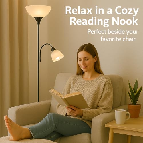 Adjustable Black Floor Lamp with Reading Light, Tall Lamp for Living Room, Bedroom, Office, Susan 72" Standing Lamps for Living Room, Corner Light, Stand Lamp, Floor Lamps for Living Room Modern