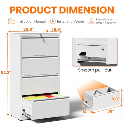 4 Drawer Lateral File Cabinet with Lock,White Metal Filing Cabinet - color: White, size: 26.8"W-4 drawers