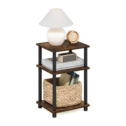 Furinno JUST Side Table, 3-Tier End Table, Open Shelves Night Stand, Bedside Table, Toolless Assembly, for Living Room, Bedroom, Bathroom, Amber Pine - color: Amber Pine/Black, size: 3-Tier, Round Pole, style: 1-Pack