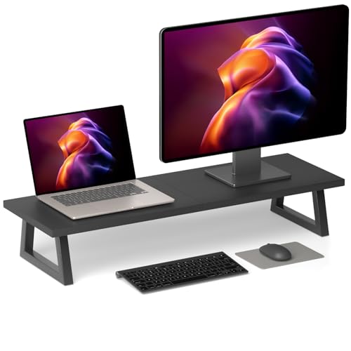 TEAMIX 31.5 inch Dual Monitor Stand Riser, TV Riser, Black Desk Organizer | For 2 Monitors/Laptop/Printer, Long Computer Stand, Wood & Steel, Holds 150 lbs, PS5/Keyboard Storage, For Home Office Gaming - color: Black, size: 31.5 inch