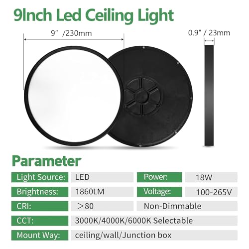 9Inch 4PK Black LED Flush Mount Ceiling Light,18W,1860LM, 3CCT Selectable | 3000K/4000K/6000K CCT Selectable, Black Close to Ceiling Round Flat Panel Light, Super Slim LED Ceiling Light for Bedroom - color: Black, size: 9"-4PK