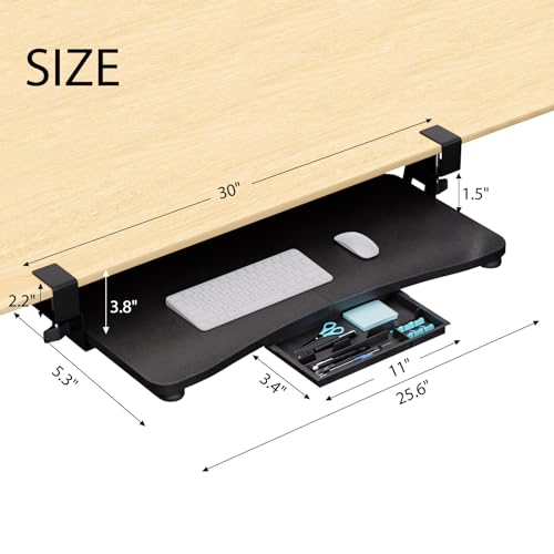 Desktop Keyboard Tray, Under Desk Pull Out,25.59" X 11.81" Large Size Radian Keyboard Tray with C-Clip Mount, Easy Installation, Computer Keyboard Stand, for Home Study and Office(Black)