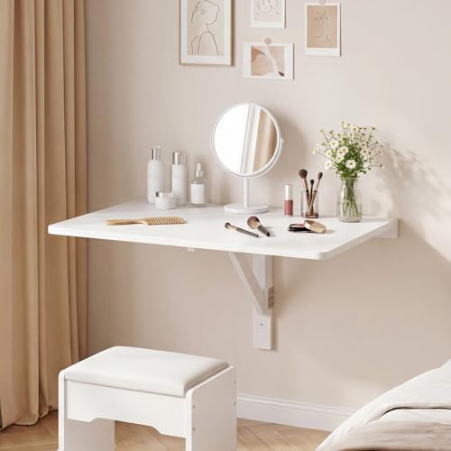 GIANTEX Wall-Mounted Folding Desk, Wooden Floating Laptop Table with Drop Leaf Design, Space-Saving Foldable Wall Desk for Study, Bedroom, Living Room, Laundry (White) - color: White