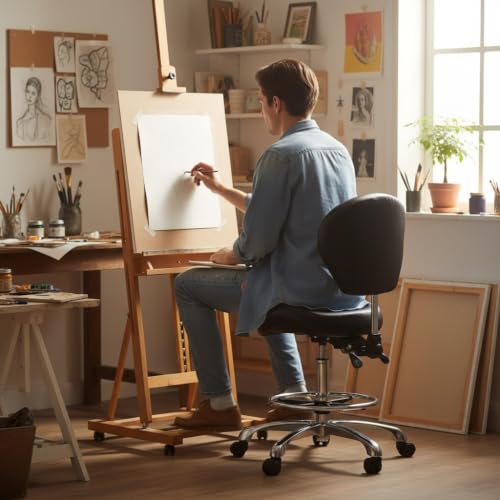 Kaleurrier Adjustable Stools Drafting Chair: with Back Support & Foot Rest | Ergonomic Design Solves Physical Discomfort and Safety Hazards Issues - Heavy Duty 400 lb Weight Capacity - for Professionals - color: Black