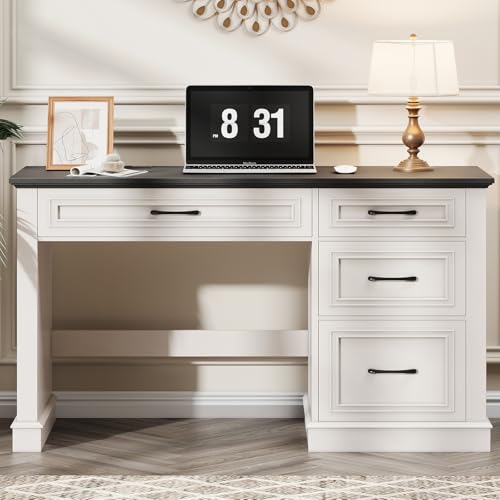 Vabches Farmhouse 47" Workstation Computer Desk with Drawers, Antique Black | Executive Desk with File Drawer and Charging Station for Home Office,Study. - color: Antique Black