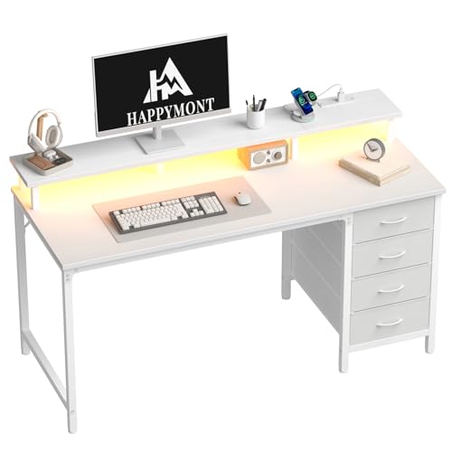 47" Computer Desk with Power Outlets and LED Lights, White | Gaming Desk with Drawers and Monitor Stand, Reversible Home Office Desk for Working Writing Study - color: White, size: 47 IN