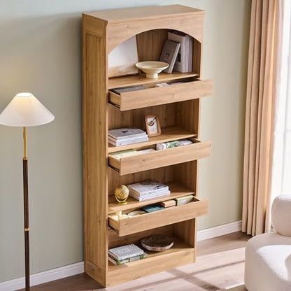 IFGET 76" Tall Arched Bookcase with 1PC Magnetic Lock Drawer, Natural | Modern Wooden Arch Bookshelf w/3 Pull-Out Drawers, Farmhouse 4 Tiers Book Shelf w/Open Shelves for Living Room, Office - color: Natural, size: With Drawers