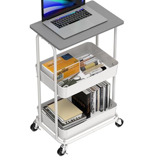 Simple Houseware 2-Tier Rolling Utility Cart Wood Top/Lockable Wheel, Gray | Metal Storage Organizer Trolley for Kitchen, Bathroom, Office, Craft Room - color: Grey