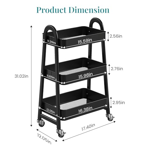 OLIXIS Metal 3 Tiers Rolling Storage Utility Cart with Lockable Wheels - color: Black, size: 3-Tiered 17 inches
