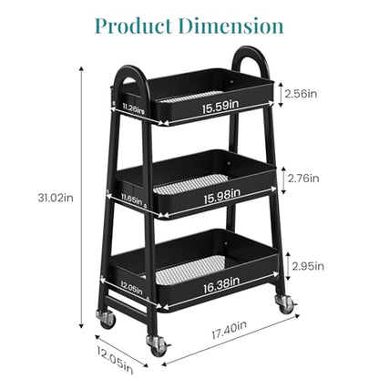 OLIXIS Metal 3 Tiers Rolling Storage Utility Cart with Lockable Wheels - color: Black, size: 3-Tiered 17 inches
