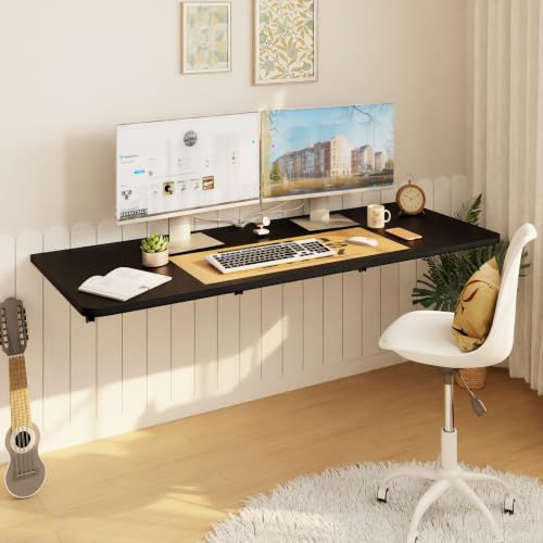 IAE Wall Mounted Folding Desk,Floating Computer Desk for Small Spaces,Black | 48x22in engineered wood desktop with metal brackets, folds flat to save space in home office, apartment and laundry room - color: Black, size: 48"*22"