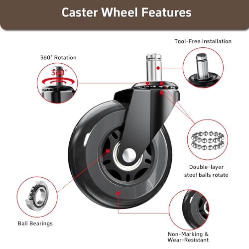 3 Inch Office Chair Wheels, Set of 5 (Black) | Heavy Duty Replacement Casters for Hardwood Floor & Carpet, Smooth Quiet Roll, Universal 11mm Stem, Non-Marking PU Wheels - color: Black
