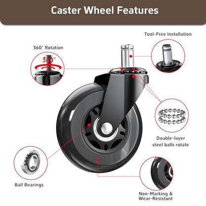 3 Inch Office Chair Wheels, Set of 5 (Black) | Heavy Duty Replacement Casters for Hardwood Floor & Carpet, Smooth Quiet Roll, Universal 11mm Stem, Non-Marking PU Wheels - color: Black