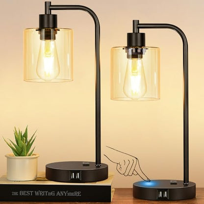 Set of 2 Industrial Touch Control Table Lamps with 2 USB Ports and AC Outlet - 3-Way Dimmable Black Bedside Lamp Nightstand Desk Lamps for Bedroom Living Room, Amber Glass Shade & 2 LED Bulbs Included - color: Black(2 pack)-Amber Glass-Touch Control