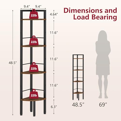 Tajsoon Corner Shelf Stand 4 Tier 48.5" with Metal Frame, Rustic Brown - color: Rustic Brown, size: 4 Tier