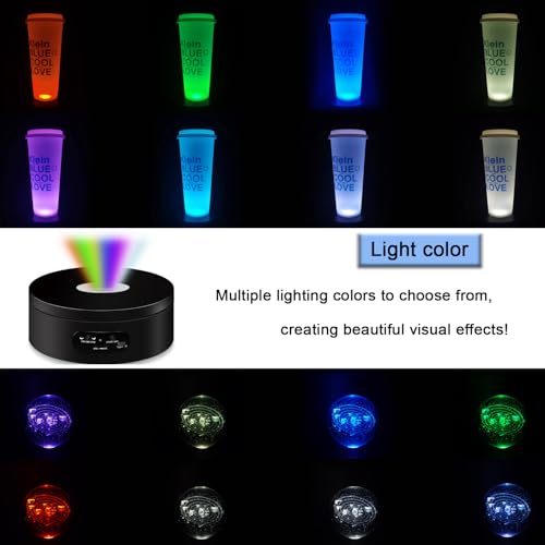 YVV LED Rotating Display Stand, Lighted Base-Crystal Glass Art, 360 Degree Automatic Mute Rotating Turntable, Motorized Display Stand with Colorful Lights, Tumbler Supplies Spinner 4.72in